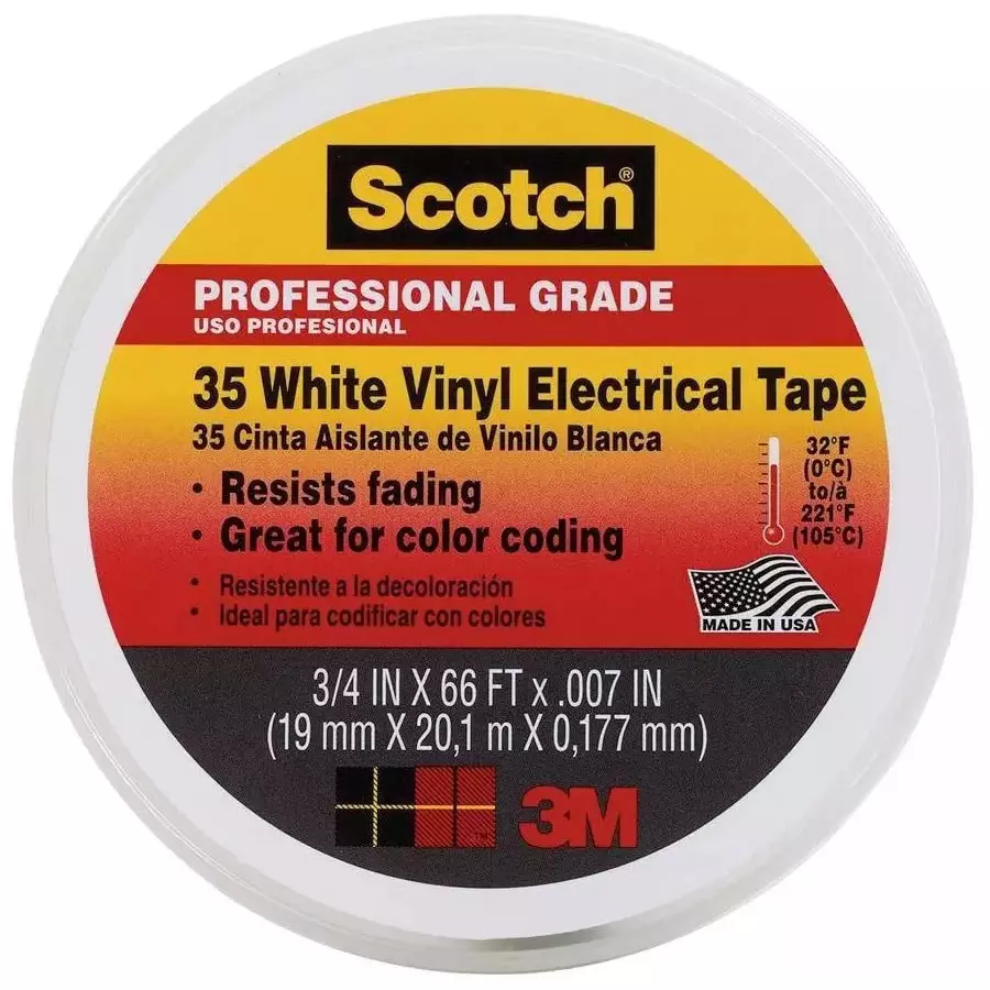 3M Professional Grade 35 Vinyl Electrical Tape 19 mm x 20.1 m x 0.177 mm White, 31201500 (Pack of 5 Pcs)