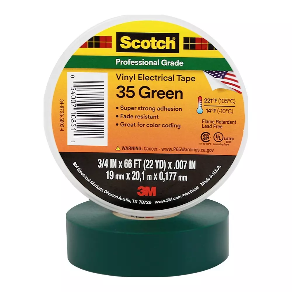 3M Professional Grade 35 Vinyl Electrical Tape 19 mm x 20.1 m x 0.177 mm Green, 31201500 (Pack of 5 Pcs)
