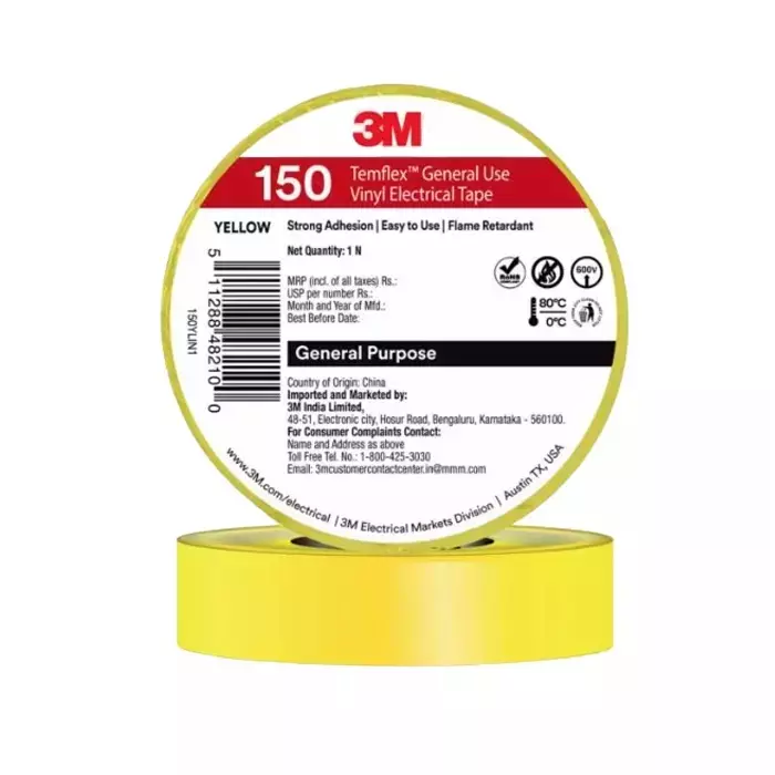 3M Temflex 150 Electrical Tape Vinyl Strong Adhesive Yellow 6 m Length and 18 mm Width (Pack of 30)
