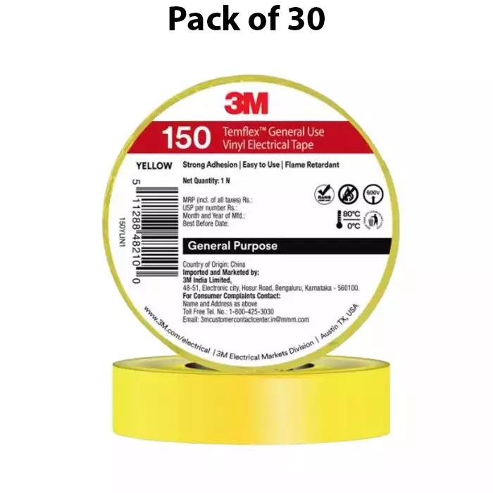 3M Temflex 150 Electrical Tape Vinyl Strong Adhesive Yellow 6 m Length and 18 mm Width (Pack of 30)
