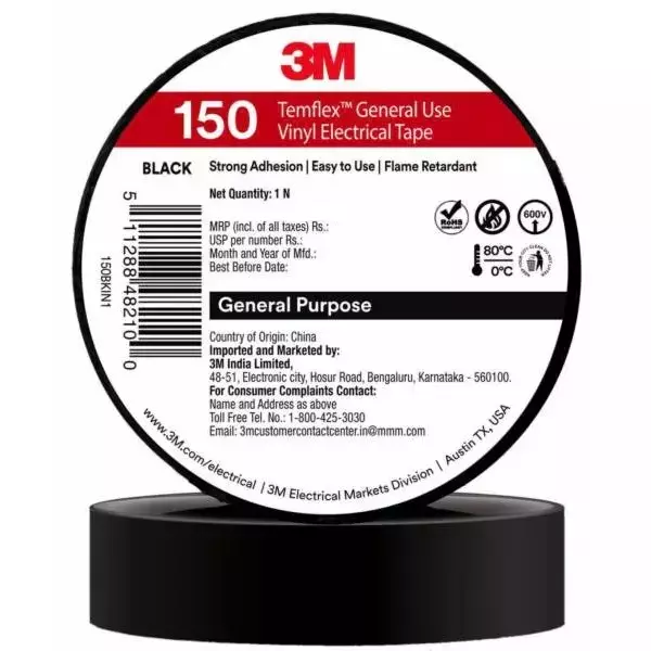 3M Temflex 150 Electrical Tape Vinyl Strong Adhesive Black 6 m Length and 18 mm Width (Pack of 30)