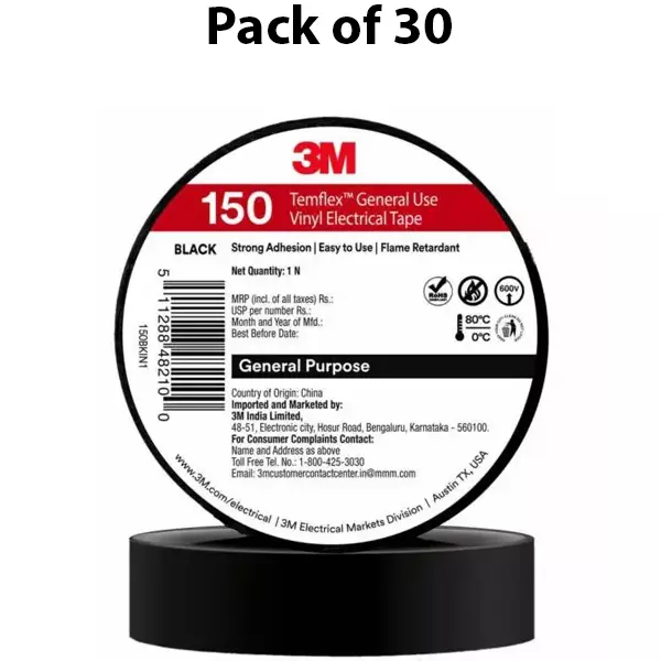 3M Temflex 150 Electrical Tape Vinyl Strong Adhesive Black 6 m Length and 18 mm Width (Pack of 30)