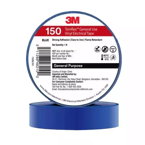 3M Temflex 150 Electrical Tape Vinyl Strong Adhesive Blue 6 m Length and 18 mm Width (Pack of 30)