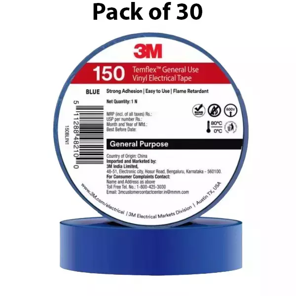 3M Temflex 150 Electrical Tape Vinyl Strong Adhesive Blue 6 m Length and 18 mm Width (Pack of 30)