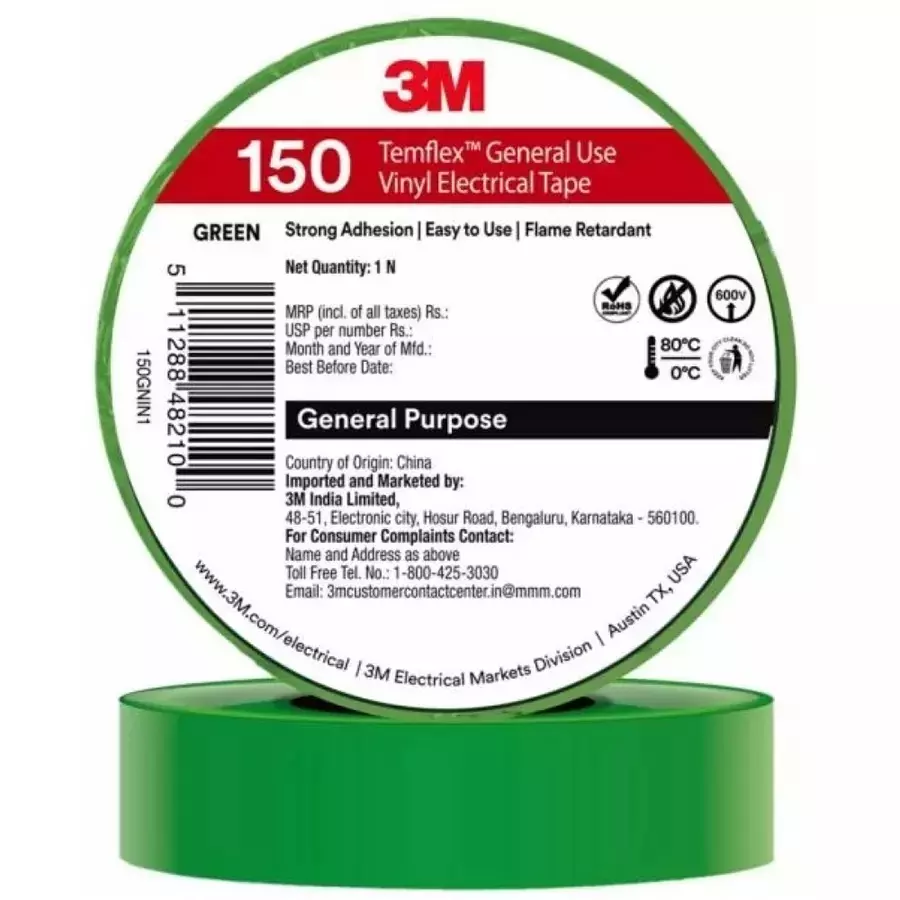 3M Temflex 150 Electrical Tape Vinyl Strong Adhesive Green 6 m Length and 18 mm Width (Pack of 30)