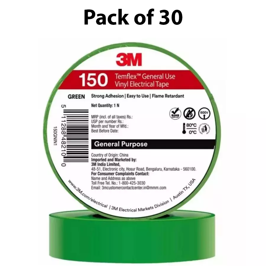 3M Temflex 150 Electrical Tape Vinyl Strong Adhesive Green 6 m Length and 18 mm Width (Pack of 30)