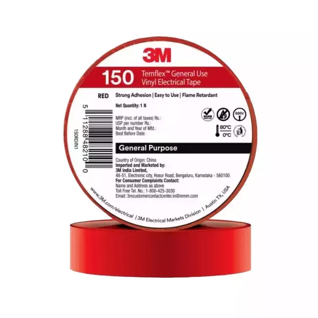 3M Temflex 150 Electrical Tape Vinyl Strong Adhesive Red 6 m Length and 18 mm Width (Pack of 30)