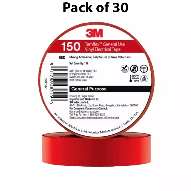 3M Temflex 150 Electrical Tape Vinyl Strong Adhesive Red 6 m Length and 18 mm Width (Pack of 30)