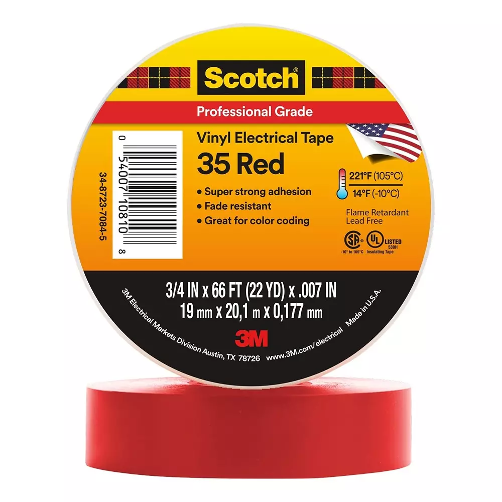 3M Professional Grade 35 Vinyl Electrical Tape 19 mm x 20.1 m x 0.177 mm Red, 31201500 (Pack of 5 Pcs)