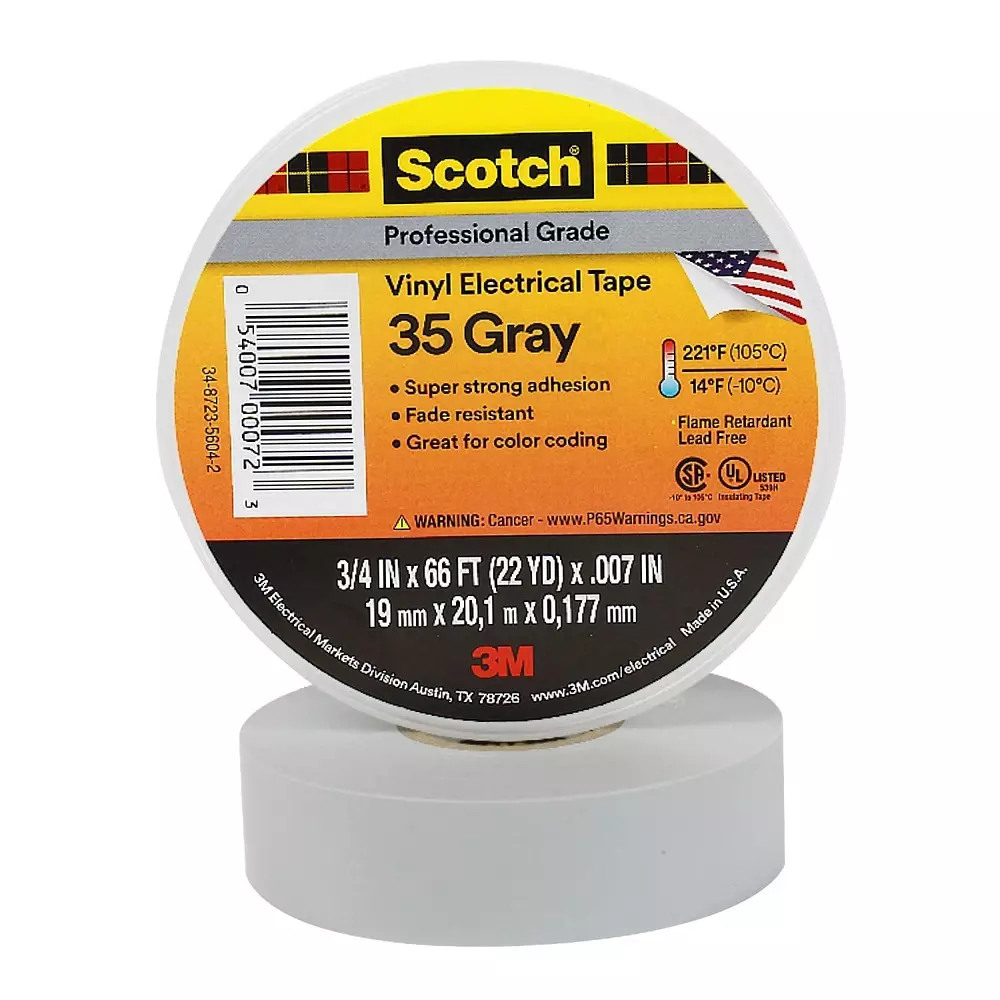 3M Professional Grade 35 Vinyl Electrical Tape 19 mm x 20.1 m x 0.177 mm Grey, 31201500 (Pack of 5 Pcs)