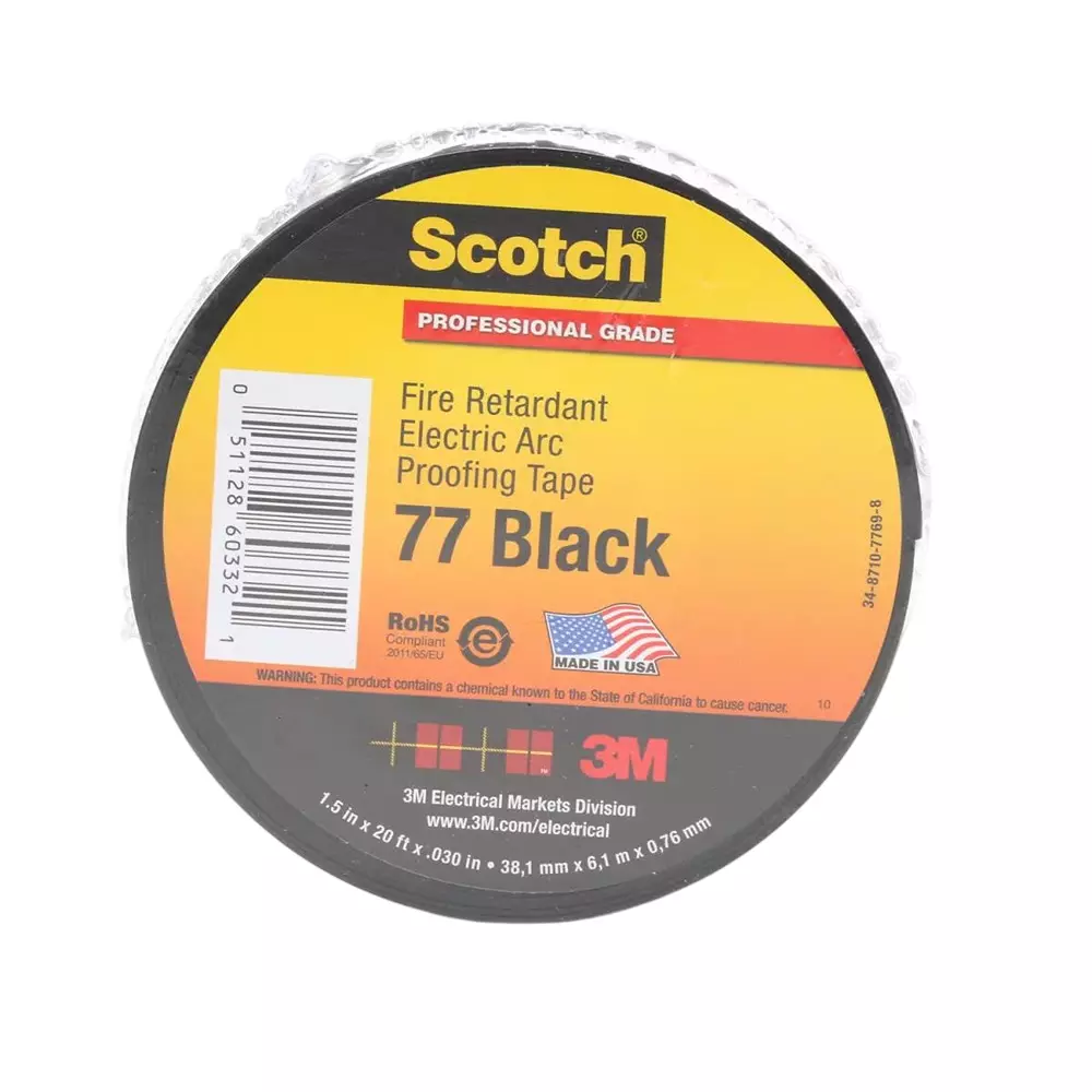3M 77 Fire-Retardant Electric Arc Proofing Tape Black 38 mm x 6 m 19.7 kV/mm Dielectric Strength, 31201600
