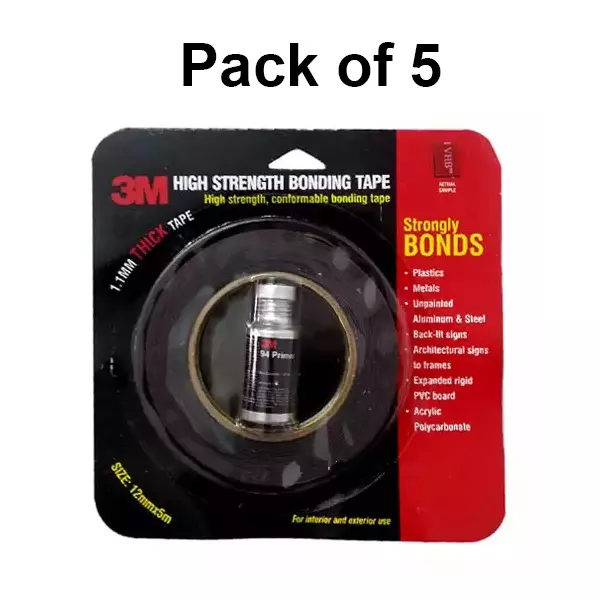 3M High Strength Bonding Tape Roll 12 mm Width 5 m Length for Industrial Use, (Pack of 5 Rolls)