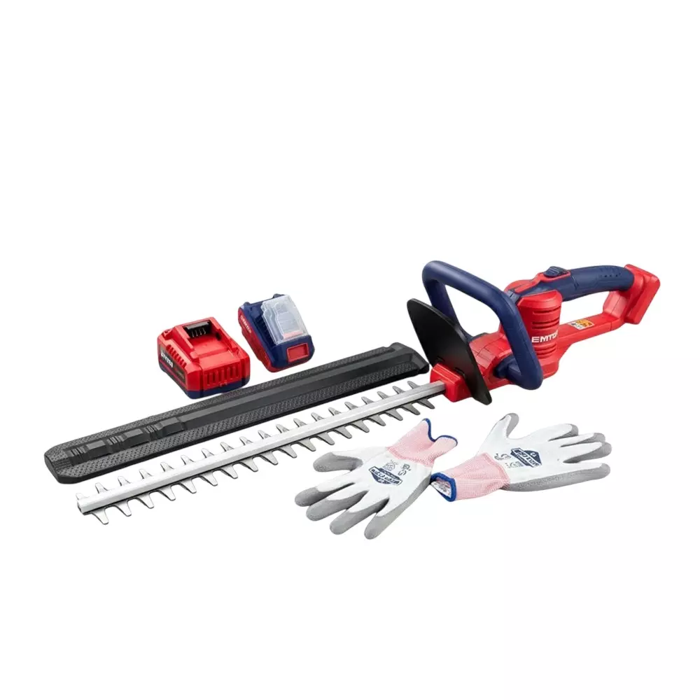 EMTOP Cordless Hedge Trimmer 20 V with 460 mm Laser Cut Blade and 2 Ah Battery, Charger & PU Gloves