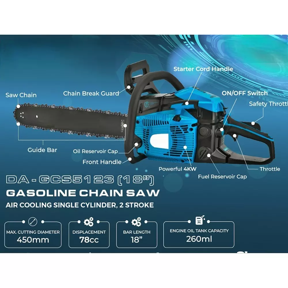 Dayuri 78 cc Gasoline Chainsaw 45.72 cm Bar Length 3000 RPM Speed 4 kW Single Cylinder Polished Blue & Black for Industrial Use, DA-GCS5123