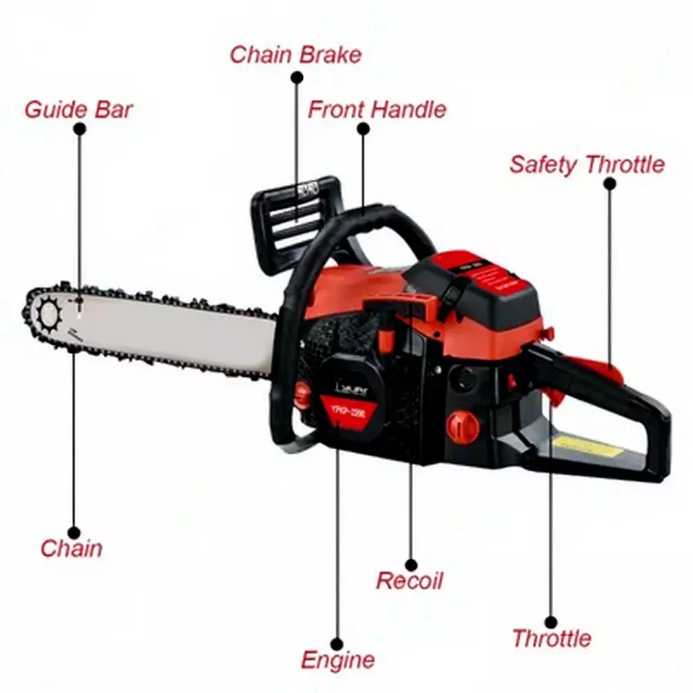 Yuri 62 cc Gasoline Chainsaw 56 cm Bar Length 13200 RPM Speed 2900 W Single Cylinder Polished Red & Black for Industrial Use, YP-KP-2200
