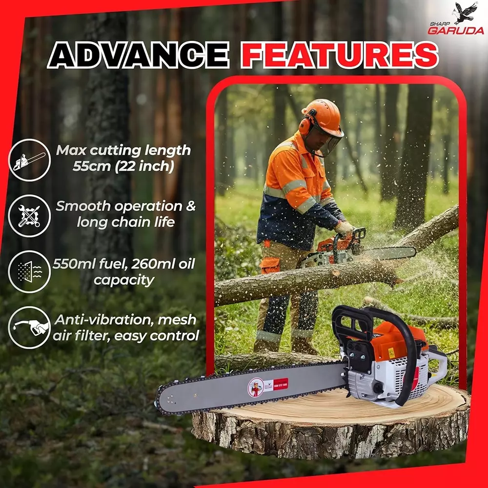 sharp-garuda-22-inch-5588-mm-petrol-chainsaw-58cc-2-stroke-engine-for-garden-farming-branch-felling