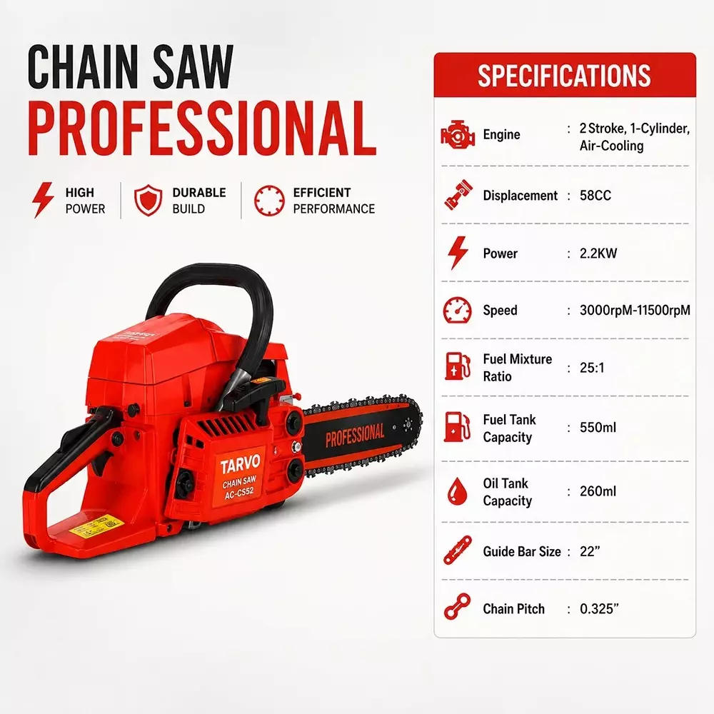 tarvo-20-inch-508-mm-chain-saw-with-175-kw-power-2800--11000-rpm-speed-and-58-cc-displacement-acs-582-with-guide-bar-chain