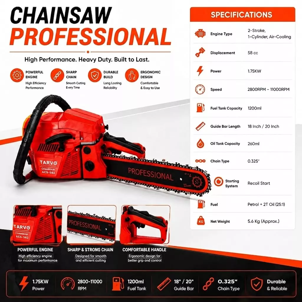 tarvo-20-inch-508-mm-chain-saw-with-175-kw-power-2800--11000-rpm-speed-and-58-cc-displacement-acs-582-with-guide-bar-chain