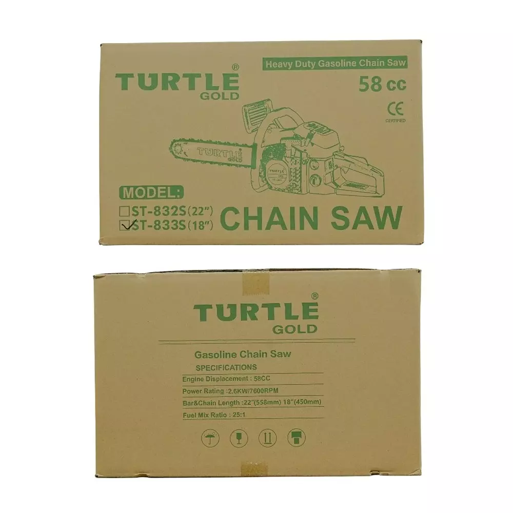 Turtle Gold Petrol Chain Saw 58 cc 2.6 Kw 450 mm (18 inch), ST 833S