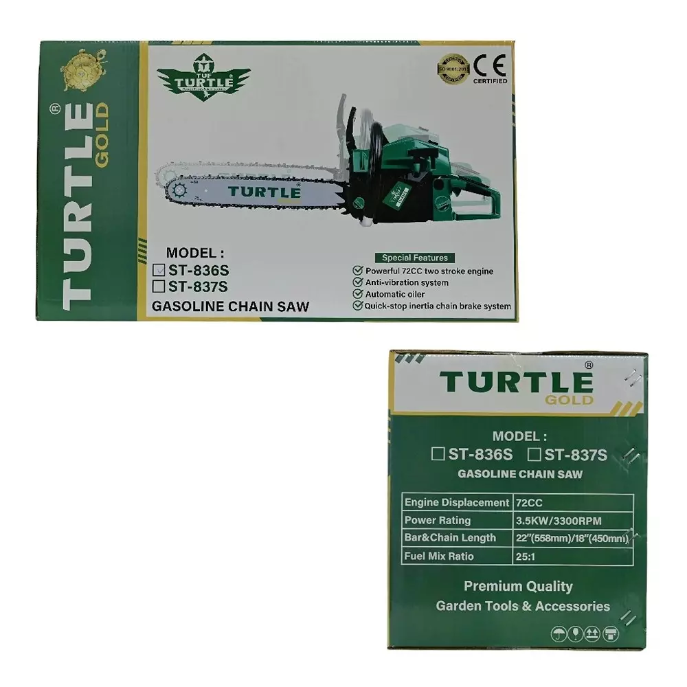 Turtle Gold Petrol Chain Saw 72 cc 3.5 Kw 558 mm (22 inch), ST 836S