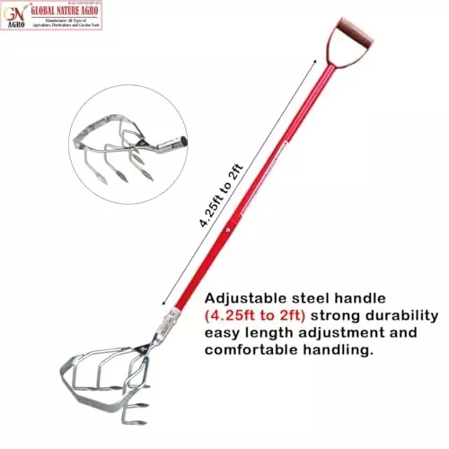 Global Nature Agro 5 Tine Weeder & Soil Cultivator With Handle Kit 7.5 Inch (19 cm) Blade Size 4.25 ft (130 cm Handle) Size for Gardening