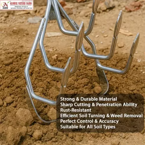 Global Nature Agro 5 Tine Weeder & Soil Cultivator With Handle Kit 7.5 Inch (19 cm) Blade Size 4.25 ft (130 cm Handle) Size for Gardening
