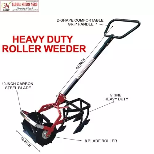 Global Nature Agro 5 Tine Roller Weeder 10 Inch (25.4 cm) Blade Size Hand Operated Ergonomic Grip for Home, Farming & Gardening
