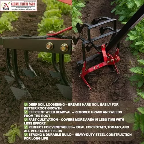 Global Nature Agro 5 Tine Roller Weeder 10 Inch (25.4 cm) Blade Size Hand Operated Ergonomic Grip for Home, Farming & Gardening