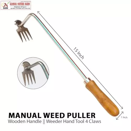 Global Nature Agro 4 Claws Garden Weeding Tool With Wooden Handle Kit Hand Operated for Home, Farming & Gardening