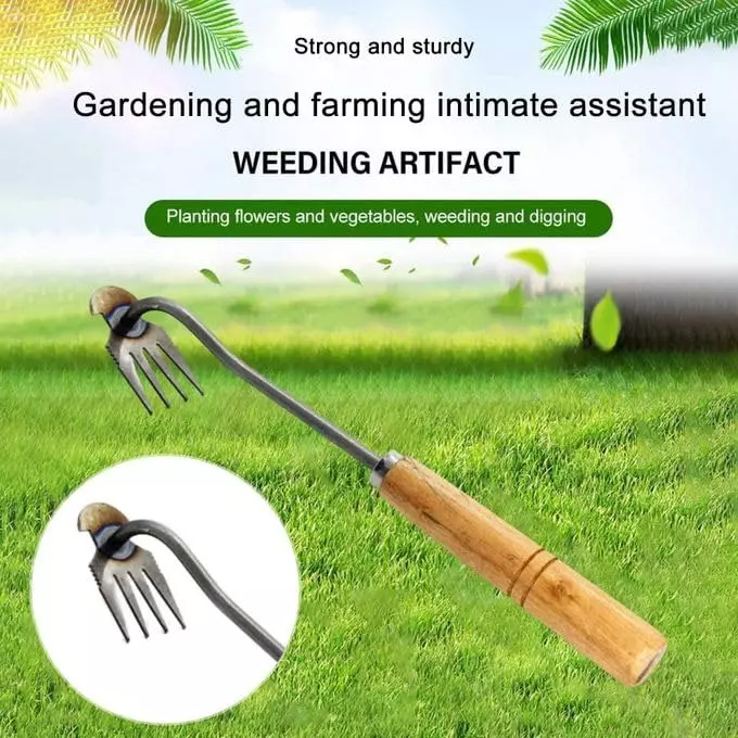Global Nature Agro 4 Claws Garden Weeding Tool With Wooden Handle Kit Hand Operated for Home, Farming & Gardening