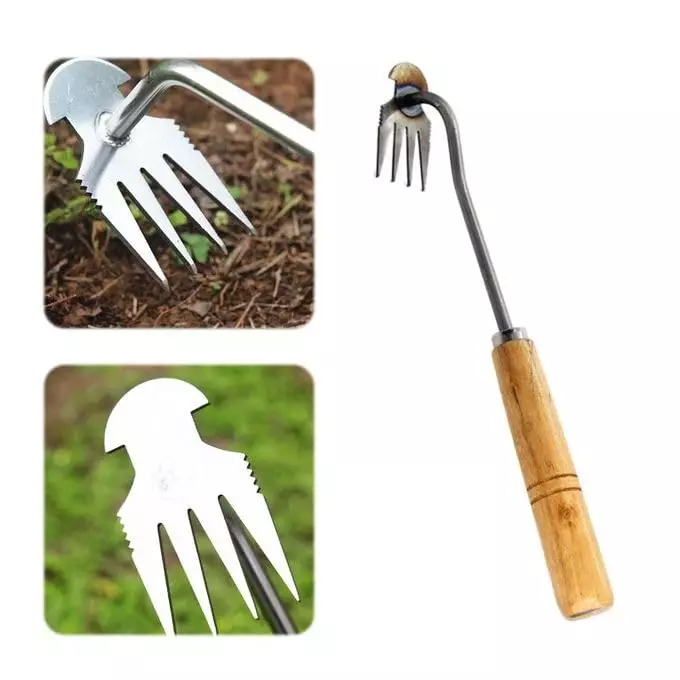 Global Nature Agro 4 Claws Garden Weeding Tool With Wooden Handle Kit Hand Operated for Home, Farming & Gardening