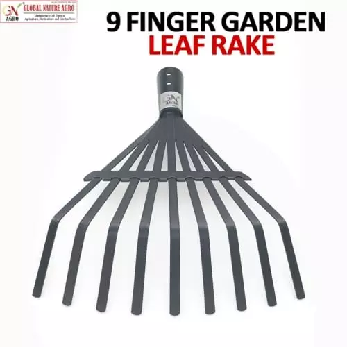 Global Nature Agro 9 Tine Leaf Rake Head With Wooden Handle Kit Hand Operated for Home, Farming & Gardening