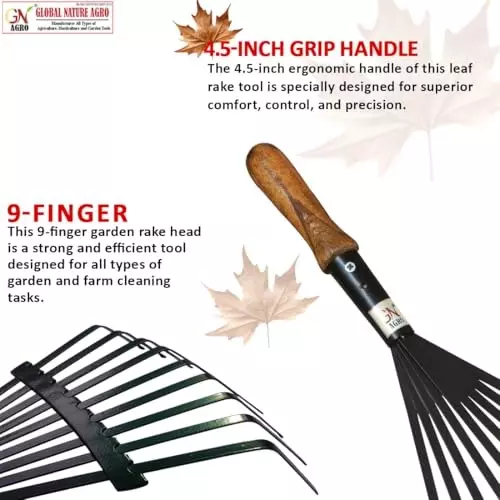 Global Nature Agro 9 Tine Leaf Rake Head With Wooden Handle Kit Hand Operated for Home, Farming & Gardening