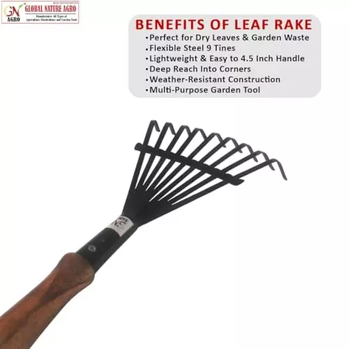 Global Nature Agro 9 Tine Leaf Rake Head With Wooden Handle Kit Hand Operated for Home, Farming & Gardening