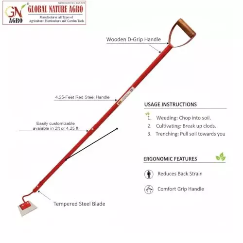 Global Nature Agro Push-Pull Hoe Premium Garden & Farm Weeder With Handle Kit 6.5 Inch (17 cm) Blade Size Hand Operated 4.25 ft (130 cm Handle) Wooden Grip for Home, Farming & Gardening