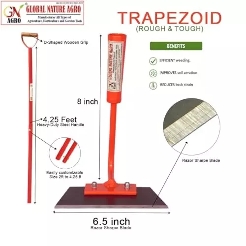 Global Nature Agro Push-Pull Hoe Premium Garden & Farm Weeder With Handle Kit 6.5 Inch (17 cm) Blade Size Hand Operated 4.25 ft (130 cm Handle) Wooden Grip for Home, Farming & Gardening