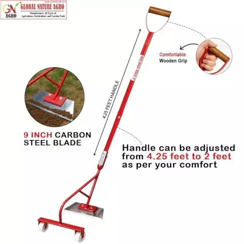 Global Nature Agro Push Weeder With Dual Wheels & Handle Kit 9 Inch (23 cm) Blade Size Hand Operated 4 ft (121 cm Handle) Rubber Grip for Home, Farming & Gardening
