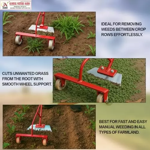 Global Nature Agro Push Weeder With Dual Wheels & Handle Kit 9 Inch (23 cm) Blade Size Hand Operated 4 ft (121 cm Handle) Rubber Grip for Home, Farming & Gardening