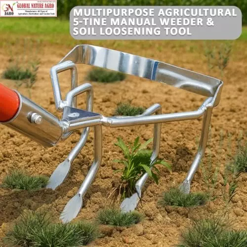 Global Nature Agro 5 Tine Weeder & Soil Cultivator With Handle Kit 7.5 Inch (19 cm) Blade Size 2 ft (61 cm Handle) Size for Gardening