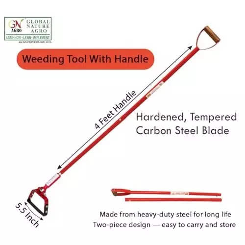 Global Nature Agro Heavy Duty Weeder With Handle Kit 5.5 Inch (14 cm) Blade Size Hand Operated 4 ft (121 cm Handle) Ergonomic Grip for Home, Farming & Gardening