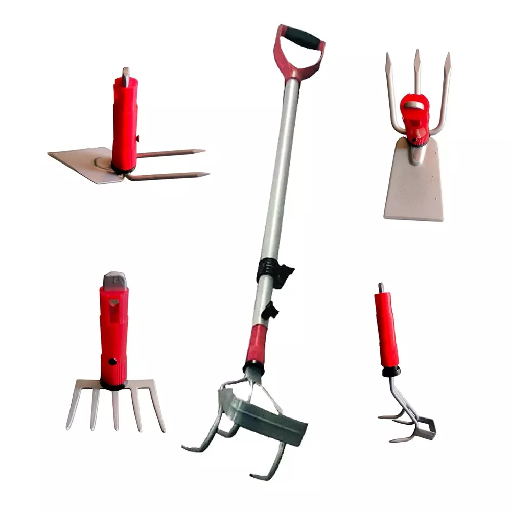 Yuvcon 5 Piece Gardening Hoe Set with Extendable Telescopic Handle and Iron Metal Attachments Tool Kit
