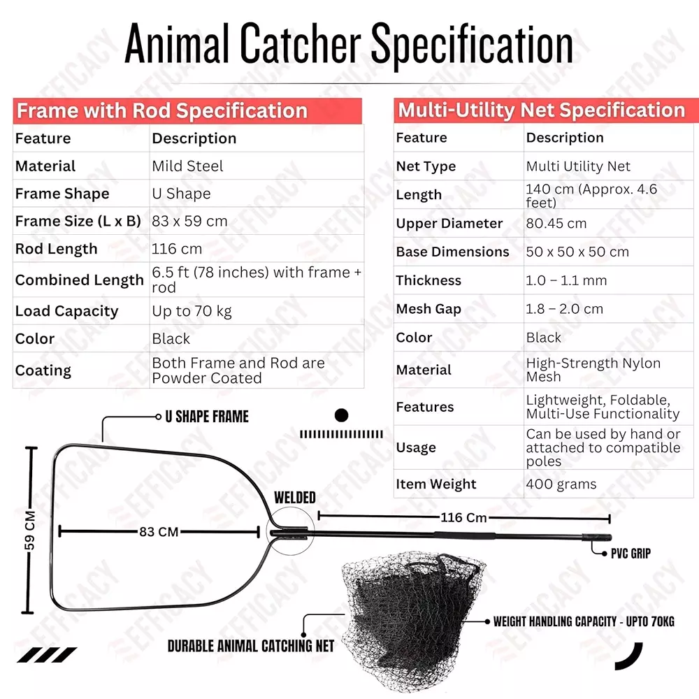 EFFICACY Animal Catcher Net Fixed Net Tear-Resistant Metal Frame Ergonomic Non-Slip Black