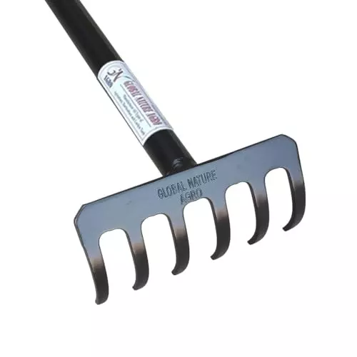 Global Nature Agro 6 Tine Heavy Duty Garden Rake 6 Inch (15.24 cm) Blade Size Metal Hand Operated Ergonomic Grip for Home, Farming & Gardening