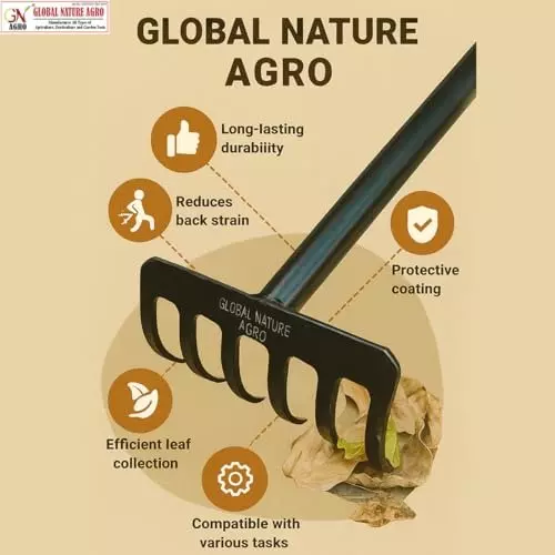 Global Nature Agro 6 Tine Heavy Duty Garden Rake 6 Inch (15.24 cm) Blade Size Metal Hand Operated Ergonomic Grip for Home, Farming & Gardening