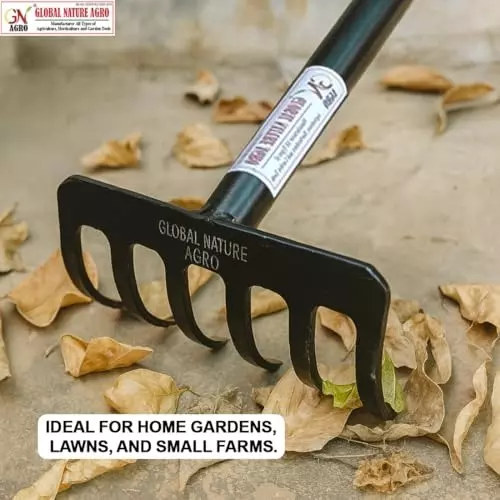 Global Nature Agro 6 Tine Heavy Duty Garden Rake 6 Inch (15.24 cm) Blade Size Metal Hand Operated Ergonomic Grip for Home, Farming & Gardening