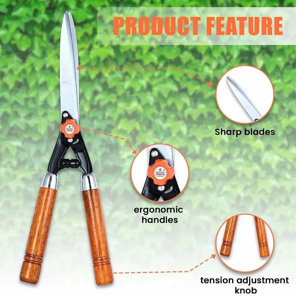 Falcon Hedge Shear Blade With Wooden Handle Carbon Steel 250 mm Multicolor for Agriculture & Garden Use, FHS-999(W) (Pack of 25 Pcs)