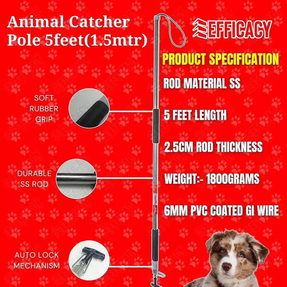 EFFICACY Animal Catcher Pole 6 mm Wire Dia. 1.5 m Automatic Lock Stainless Steel