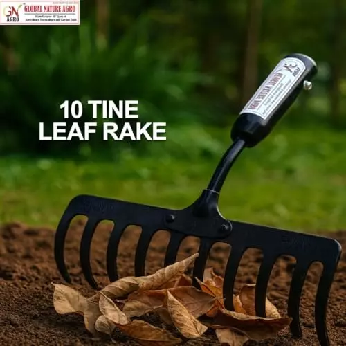 Global Nature Agro 10 Tine Heavy Duty Garden Rake 10 Inch (25.4 cm) Blade Size Metal Hand Operated Ergonomic Grip for Home, Farming & Gardening