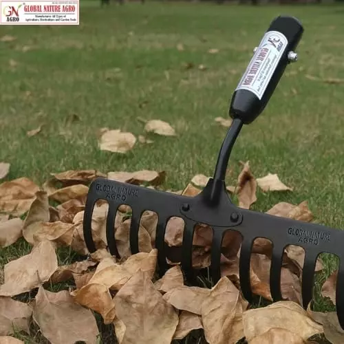 Global Nature Agro 10 Tine Heavy Duty Garden Rake 10 Inch (25.4 cm) Blade Size Metal Hand Operated Ergonomic Grip for Home, Farming & Gardening