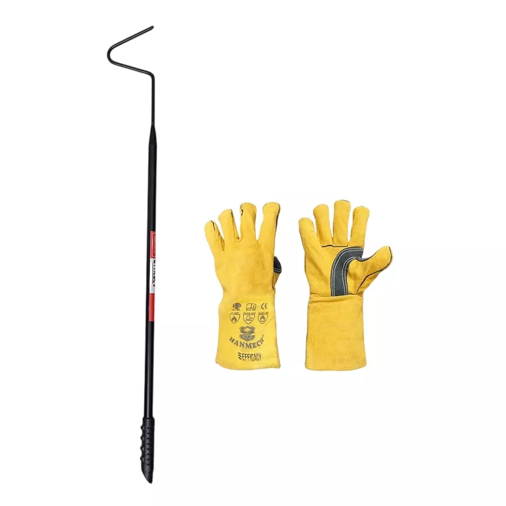 EFFICACY 122 cm (48 inch) Garbage Lifting Hook & 33 cm (13 inch) Fire-Resistant Leather Gloves Black & Yellow Stainless Steel